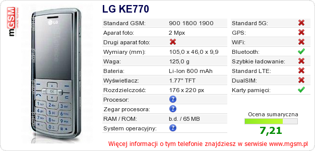 Dane telefonu LG KE770 Dane telefonu LG KE770