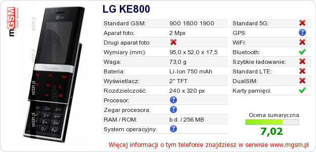 Dane telefonu LG KE800 Dane telefonu LG KE800