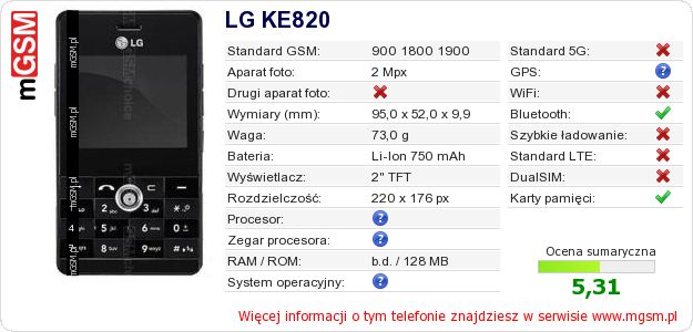 Dane telefonu LG KE820