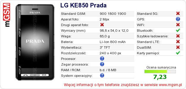 Dane telefonu LG KE850 Prada Dane telefonu LG KE850 Prada