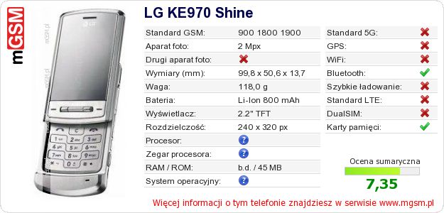 Dane telefonu LG KE970 Shine Dane telefonu LG KE970 Shine