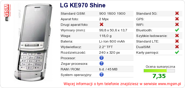 Dane telefonu LG KE970 Shine