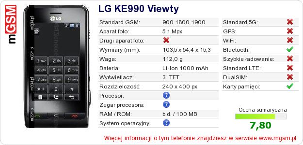 Dane telefonu LG KE990 Viewty Dane telefonu LG KE990 Viewty