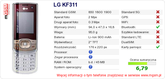 Dane telefonu LG KF311 Dane telefonu LG KF311