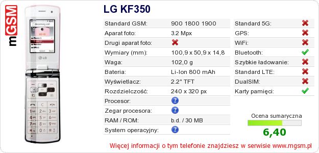 Dane telefonu LG KF350 Dane telefonu LG KF350