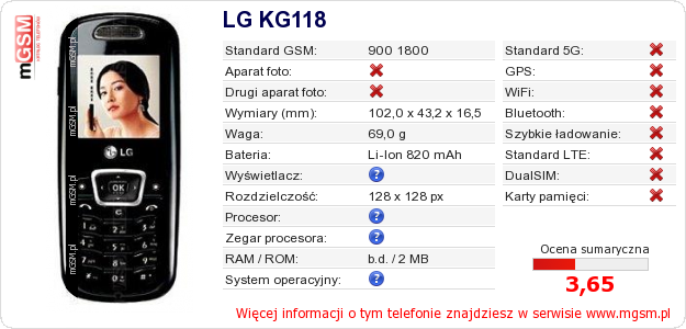 Dane telefonu LG KG118 Dane telefonu LG KG118
