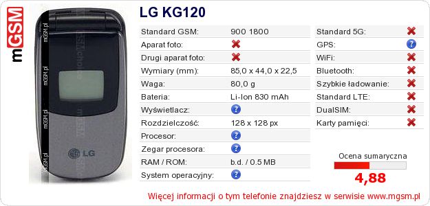 Dane telefonu LG KG120