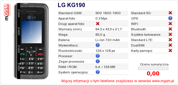 Dane telefonu LG KG190