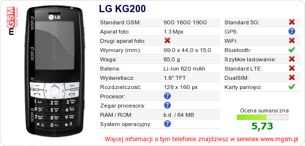 Dane telefonu LG KG200 Dane telefonu LG KG200