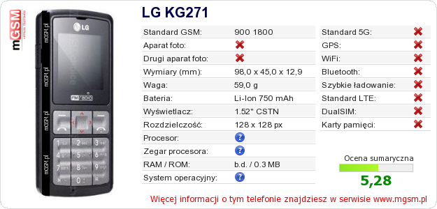 Dane telefonu LG KG271