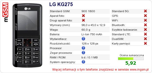 Dane telefonu LG KG275