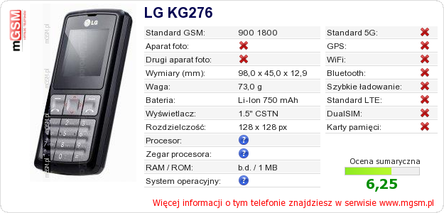 Dane telefonu LG KG276 Dane telefonu LG KG276