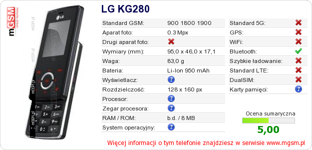 Dane telefonu LG KG280 Dane telefonu LG KG280