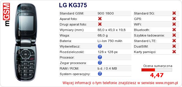 Dane telefonu LG KG375 Dane telefonu LG KG375