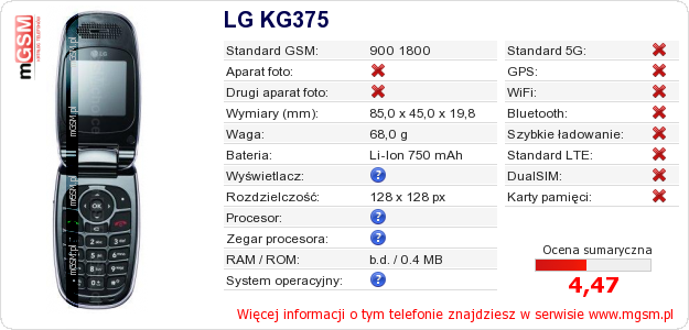 Dane telefonu LG KG375 Dane telefonu LG KG375