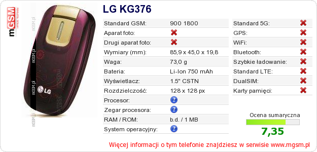 Dane telefonu LG KG376 Dane telefonu LG KG376