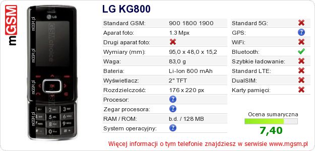 Dane telefonu LG KG800