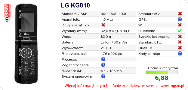 Dane telefonu LG KG810