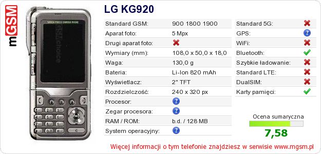 Dane telefonu LG KG920