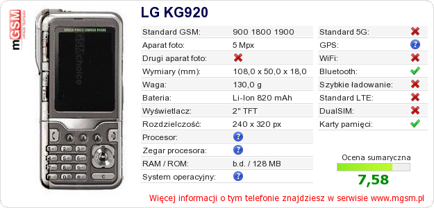 Dane telefonu LG KG920