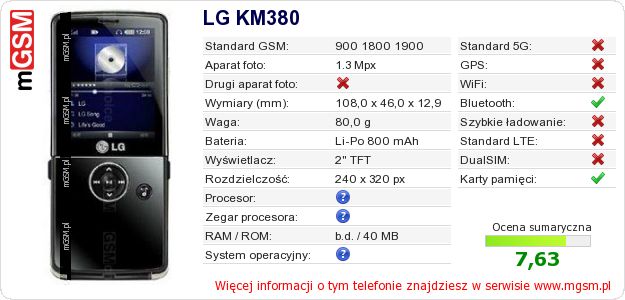 Dane telefonu LG KM380