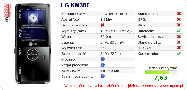 Dane telefonu LG KM380