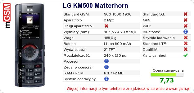 Dane telefonu LG KM500 Matterhorn
