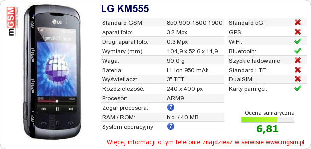 Dane telefonu LG KM555 Dane telefonu LG KM555