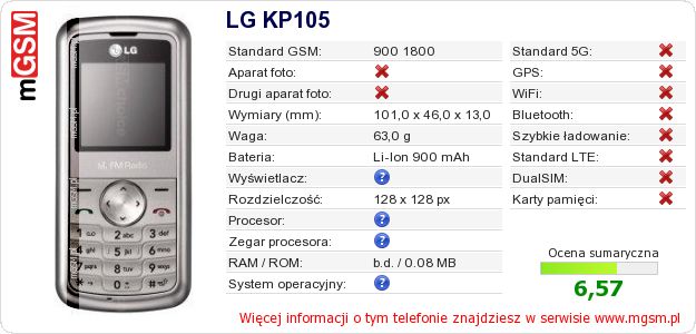 Dane telefonu LG KP105