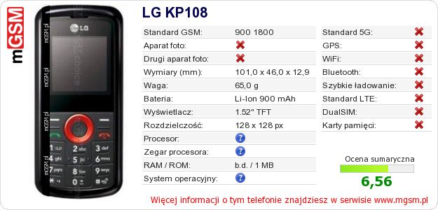 Dane telefonu LG KP108 Dane telefonu LG KP108