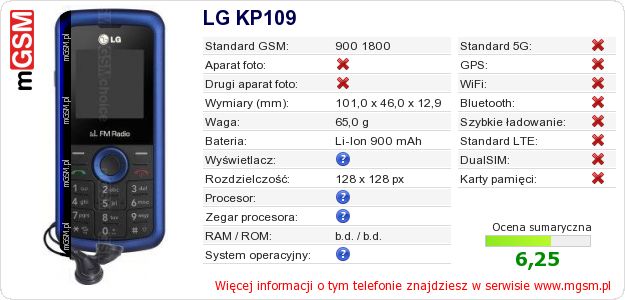Dane telefonu LG KP109