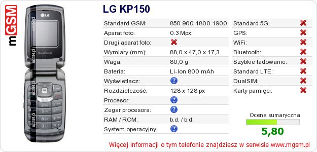 Dane telefonu LG KP150 Dane telefonu LG KP150