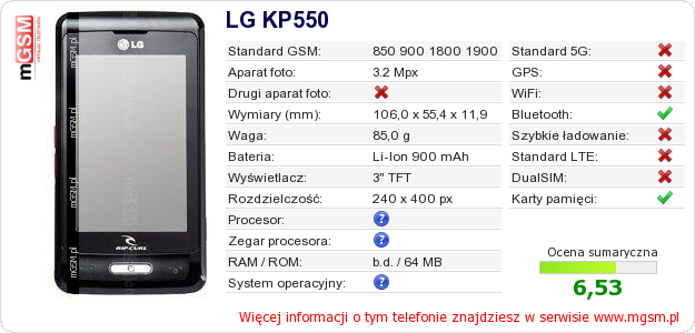 Dane telefonu LG KP550 Dane telefonu LG KP550