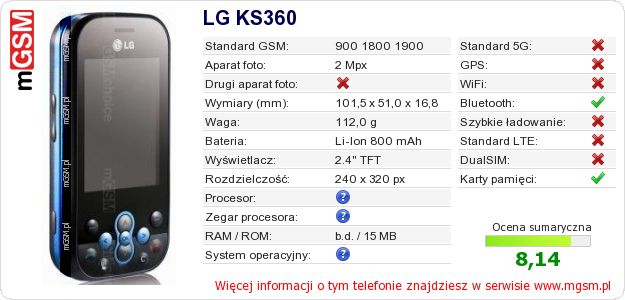 Dane telefonu LG KS360 Dane telefonu LG KS360