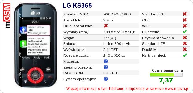 Dane telefonu LG KS365 Dane telefonu LG KS365