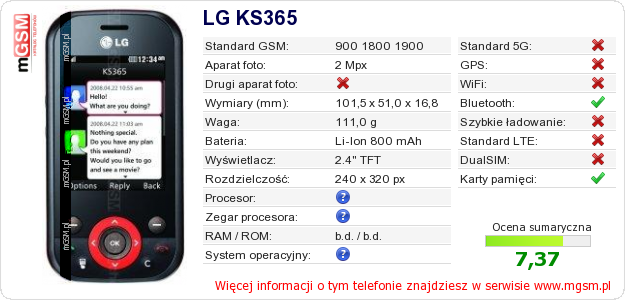 Dane telefonu LG KS365 Dane telefonu LG KS365