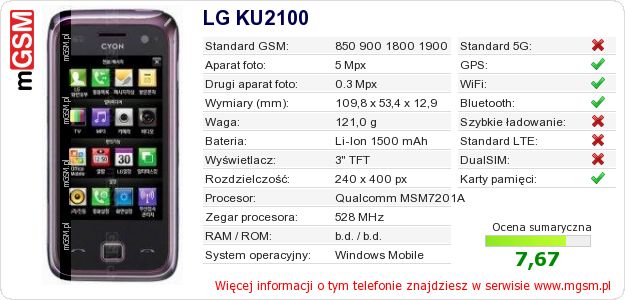 Dane telefonu LG KU2100 Dane telefonu LG KU2100