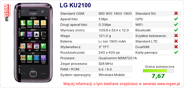 Dane telefonu LG KU2100 Dane telefonu LG KU2100