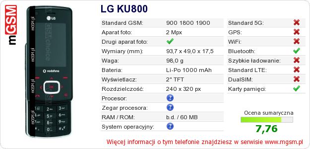 Dane telefonu LG KU800 Dane telefonu LG KU800