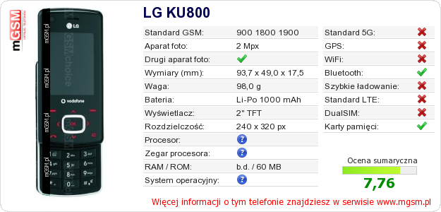 Dane telefonu LG KU800 Dane telefonu LG KU800