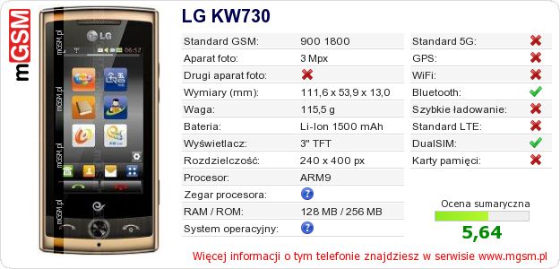 Dane telefonu LG KW730 Dane telefonu LG KW730