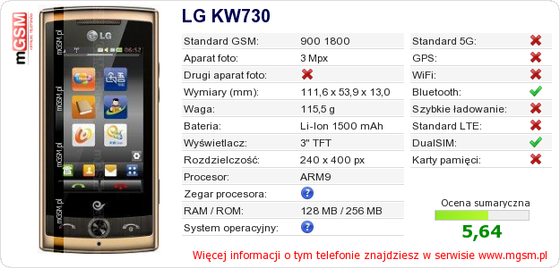 Dane telefonu LG KW730 Dane telefonu LG KW730
