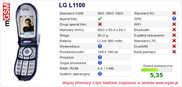 Dane telefonu LG L1100
