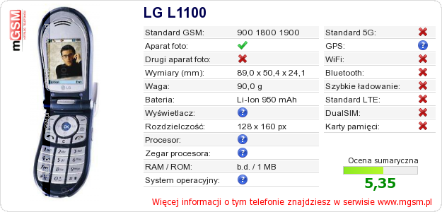 Dane telefonu LG L1100