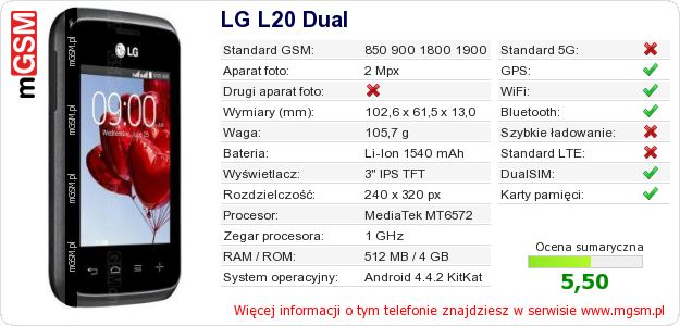 Dane telefonu LG L20 Dual