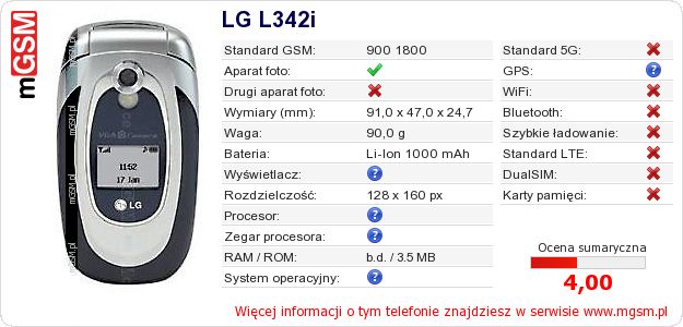 Dane telefonu LG L342i