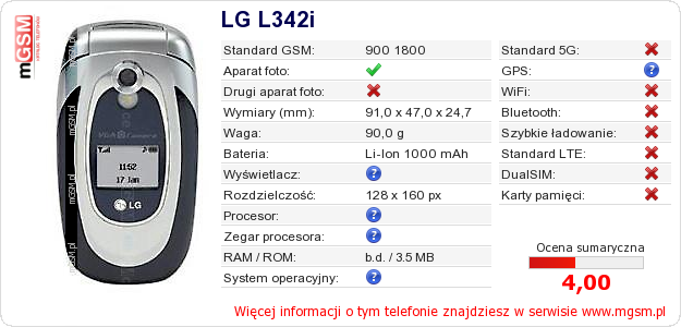 Dane telefonu LG L342i
