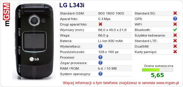 Dane telefonu LG L343i