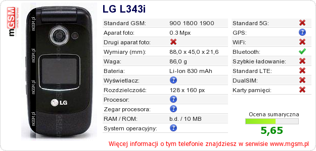 Dane telefonu LG L343i