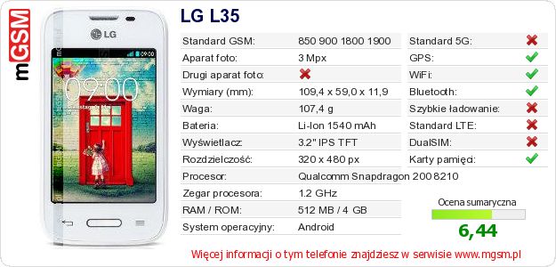 Dane telefonu LG L35 Dane telefonu LG L35